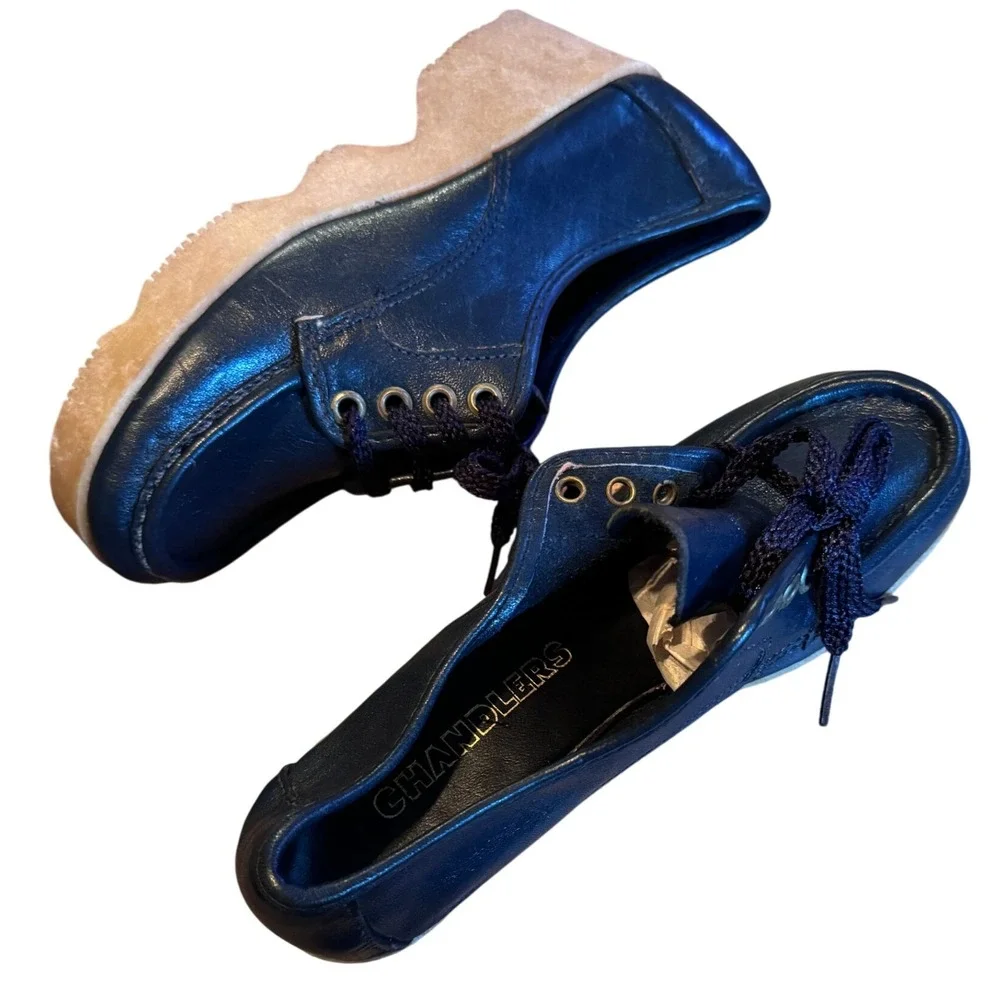 NEW Chandlers Vintage 70s Navy Blue Platform Chunky Heel Oxford Lace‎ Up